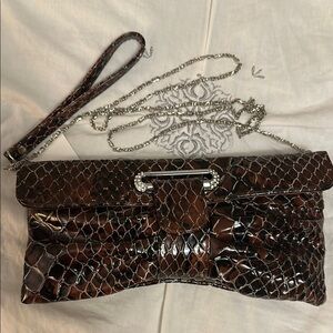 Brown Faux Snakeskin Clutch with Chain Strap